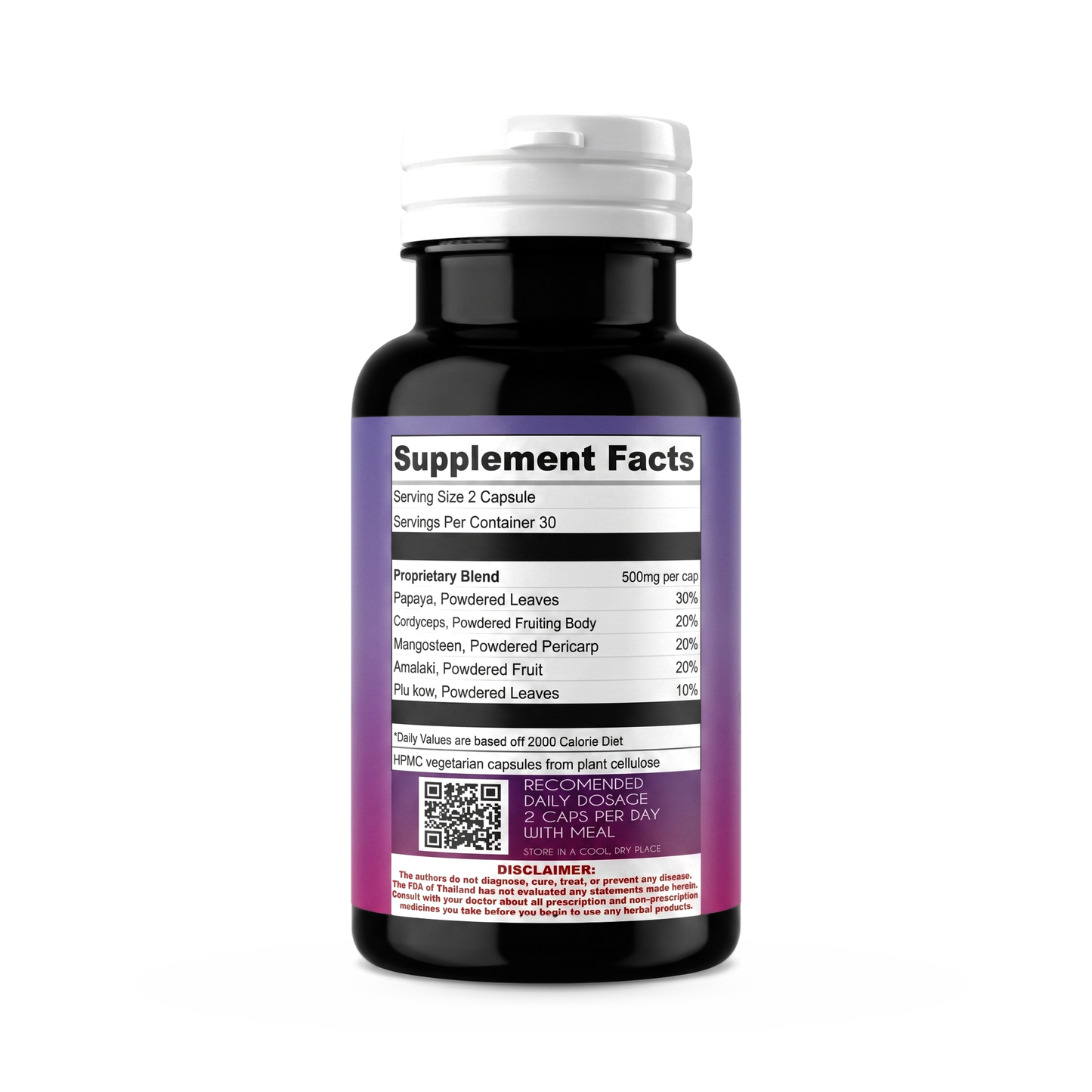 JoyBoon Immunity back label showing the supplement facts panel with all five botanical percentages, directions and warnings