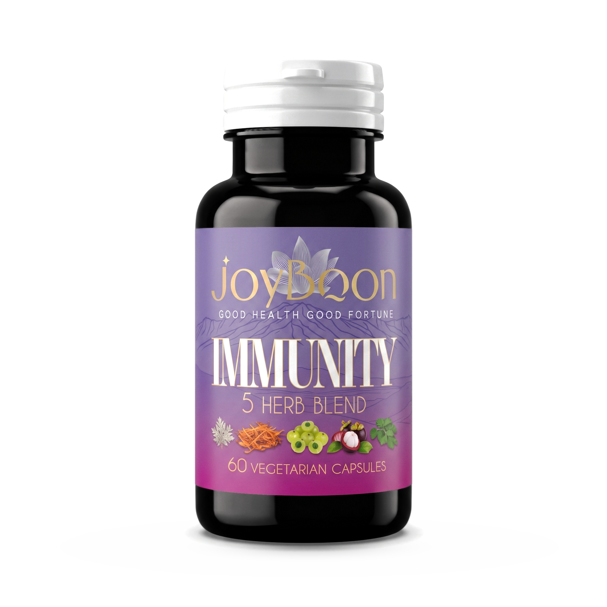 JoyBoon Immunity front label: 5 herb blend, 60 vegetarian capsules