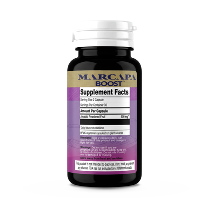 Marcapa Amalaki back label showing the supplement facts panel, directions and warnings