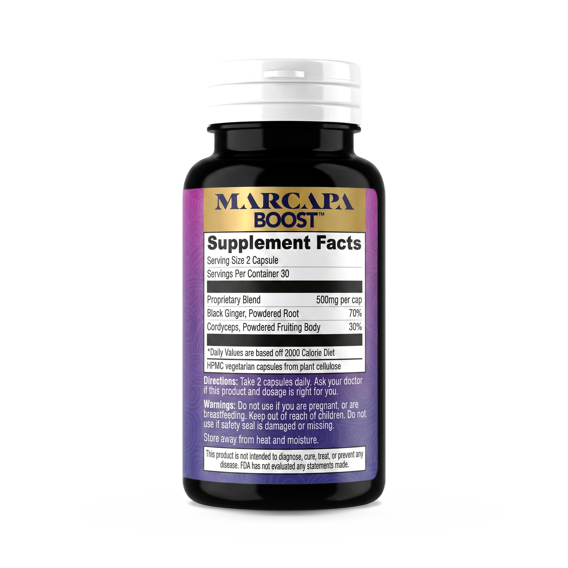Marcapa Black Ginger back label showing the supplement facts panel, directions and warnings