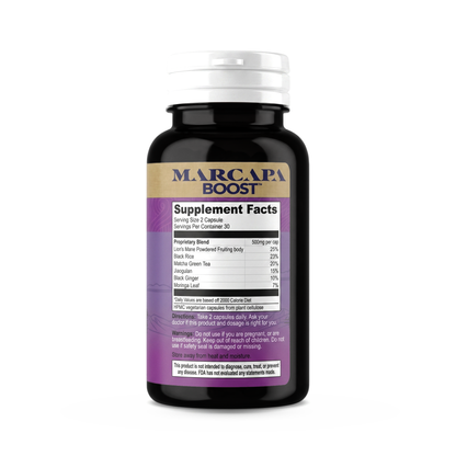 Marcapa Cognitive back label showing the supplement facts panel with all six botanical percentages, directions and warnings